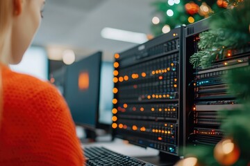 Data server room holiday season woman working on computer