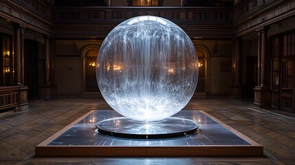 Large glass sphere with water flowing inside, displayed on a platform in a grand hall.