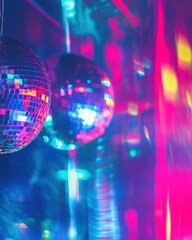 Wall Mural - disco balls reflecting vibrant neon lights creating a retro party atmosphere in a nightclub setting 