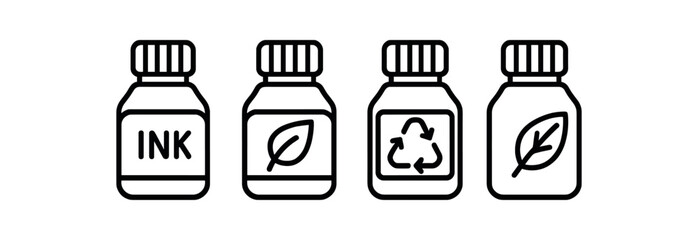 Eco-friendly ink bottles with green, recycle, and leaf icons in minimalist design vector icon illustration