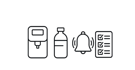 water dispenser, bottle, bell, and checklist line icons vector icon illustration