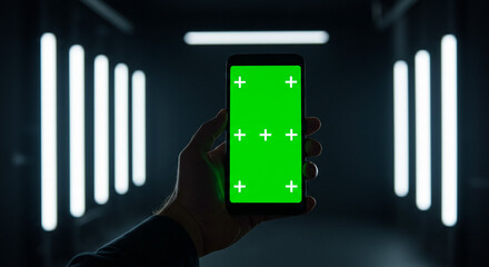 Man Using Smartphone With Green Screen Display in Dark Hallway