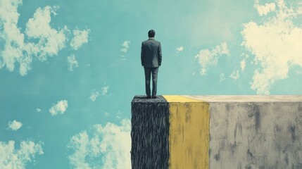 business man looking at abstract pencil drawing road gap on bright sky background. trust and way con