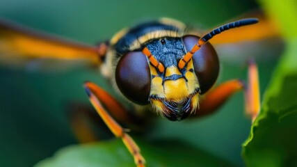 Fototapete - A close-up view of a wasp sitting on a leaf, highlighting its small size and intricate details