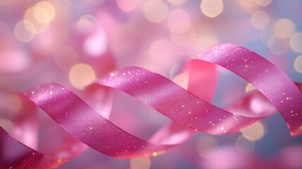 Wall Mural - a vibrant scene of pink ribbons with sparkling bokeh lights, creating a festive and dreamy atmospher