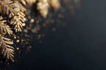 Wall Mural - Elegant New Year's black background with golden fir branches. Merry Christmas and Happy New Year greeting card.	