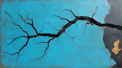 Poster - Blue painting of a tree with a broken branch. The painting has a mood of sadness and loss