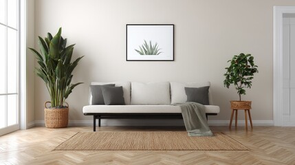 Poster - A sleek black picture frame displays a botanical print, adding elegance to a modern minimalist interior featuring soft beige walls and calming decor elements