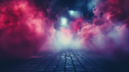 Aufkleber - Blurry image of a city street with smoke and red and blue lights. Scene is mysterious and eerie