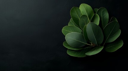 Poster - Bunch of green leaves on a black background. The leaves are arranged in a way that they look like they are growing out of the ground. The image has a calming and peaceful mood