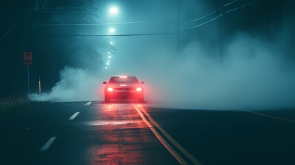 Fototapete - Car is driving down a road with smoke coming out of its exhaust. The car is red and is driving in the rain