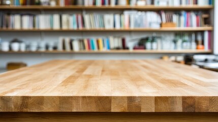Poster - A polished oak table sits in a minimalist living space with blurred bookshelves visible behind, ideal for showcasing product displays in a clean environment