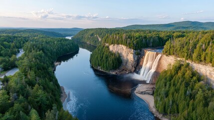 Aufkleber - Majestic waterfall flows down a vibrant cliff surrounded by rich greenery as the sun sets, creating a serene atmosphere with rising mist