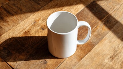 Poster - A plain white mug rests on a rustic wooden table. Warm light from the side creates soft shadows, perfect for a cozy and inviting atmosphere