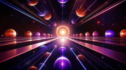 Poster - Colorful galaxy with many planets and a bright sun. The planets are all different sizes and colors, and they are all lined up in a row. The sky is dark