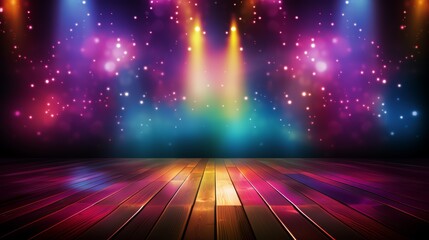 Aufkleber - Brightly lit stage with colorful lights and a wooden floor. The stage is empty, but the lights are on, creating a vibrant and energetic atmosphere. The colors of the lights