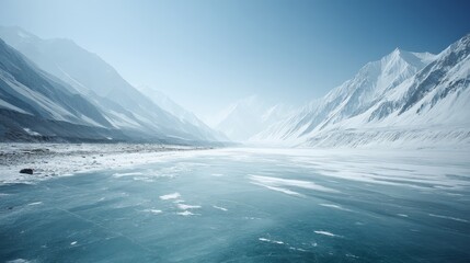 Aufkleber - Wide panoramic view of snow-capped mountains surrounding a tranquil frozen lake, creating a serene and cold atmosphere under a pale winter sky