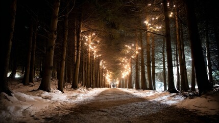 Aufkleber - A snowy pathway through a pine forest, lined with twinkling fairy lights, invites visitors to enjoy a serene and festive winter evening