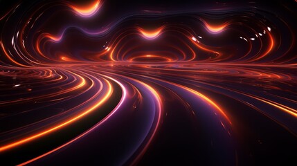 Fototapete - Dark, abstract painting of a road with orange and purple lines. The painting is full of energy and movement, giving off a sense of excitement and adventure