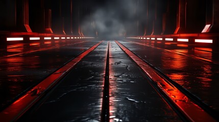 Aufkleber - Dark tunnel with red lights and water dripping from the ceiling. Scene is eerie and mysterious