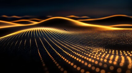 Fototapete - Field of yellow dots on a black background. The dots are arranged in a way that creates a sense of depth and movement. The image evokes a feeling of warmth and energy