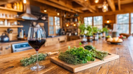 Aufkleber - This cozy kitchen features a polished stone countertop, fresh herbs on a cutting board, and a glass of wine, creating an inviting culinary atmosphere for cooking