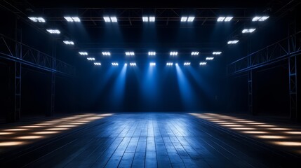 Aufkleber - Large, empty room with blue lights shining on the wooden floor. The room is dimly lit, creating a moody atmosphere. The blue lights are evenly distributed throughout the space