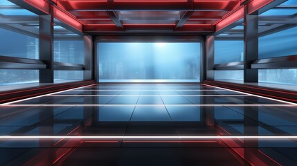Aufkleber - Large, empty room with a window and a city view. The room is illuminated with red and blue lights, creating a futuristic and industrial atmosphere