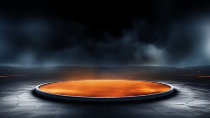 Fototapete - Large, empty, circular pit with a bright orange glow. The pit is surrounded by a dark, cloudy sky