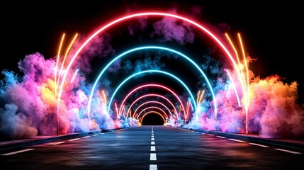 Aufkleber - Colorful, neon-lit tunnel with smoke billowing out of it. The tunnel is designed to look like a futuristic, otherworldly passage, with the smoke adding an eerie, mysterious atmosphere