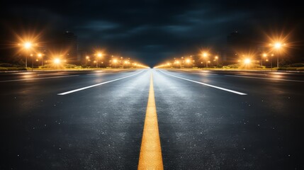 Fototapete - Long, empty road with yellow lines and street lights. The road is wet and the lights are on, creating a sense of emptiness and solitude