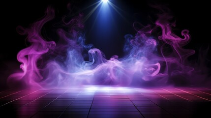 Fototapete - Room filled with purple and blue smoke, illuminated by a bright spotlight. The smoke is swirling and dancing around the room, creating a dreamy and ethereal atmosphere. The room is empty
