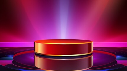 Fototapete - Red podium with a gold rim sits in a purple room. The room is lit with a bright light, creating a dramatic and energetic atmosphere. The podium is the focal point of the scene