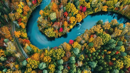 Aufkleber - Colorful autumn landscape with winding river and vibrant foliage in a serene forest setting captured in 4k resolution