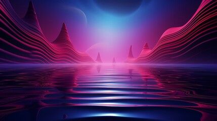 Aufkleber - Stunning, colorful landscape with a deep blue sky and purple mountains. The mountains are tall and jagged, creating a sense of depth and grandeur. The water is calm and reflective