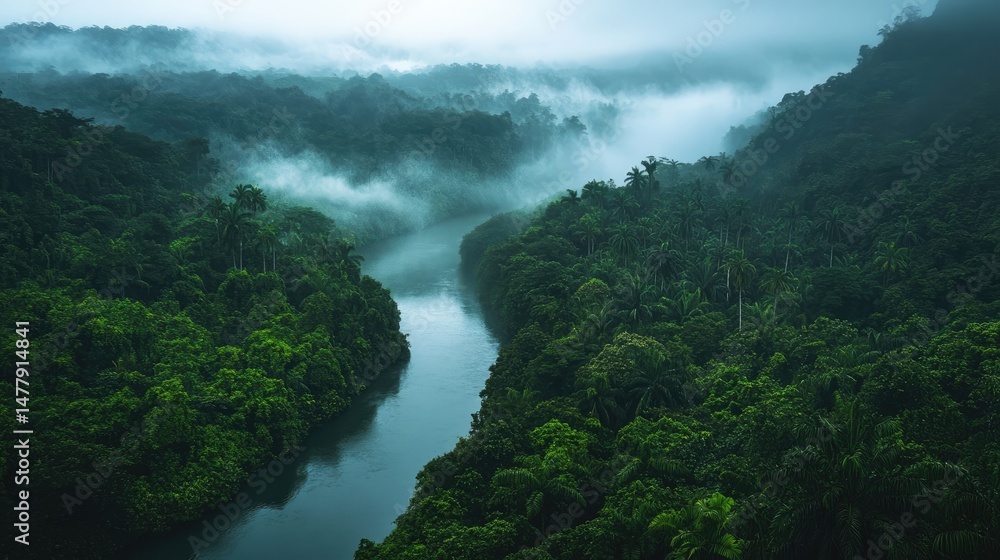 Tropical jungle river with dense vegetation and mist above water. Palm ...