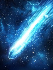 Wall Mural - A bright blue comet streaks across a dark blue starry sky leaving a bright trail behind it in the night