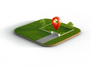 location pin icon on earth and green grass in real estate sale or property investment concept. 3d il