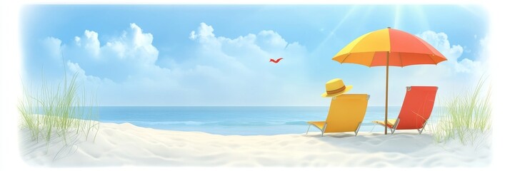 Wall Mural - Tranquil Beach Scene - Relaxing beach scene with two lounge chairs under a beach umbrella, clear blue sky and ocean. Perfect for travel, vacation, or summer themes