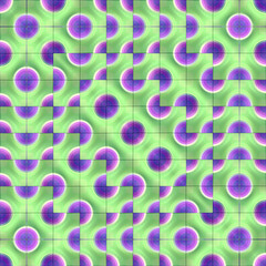 Leinwandbilder - Digital illustration of a symmetrical repeating pattern in neon color consisting of tiles that create a three-dimensional effect of wavy lines and circles. 3d rendering