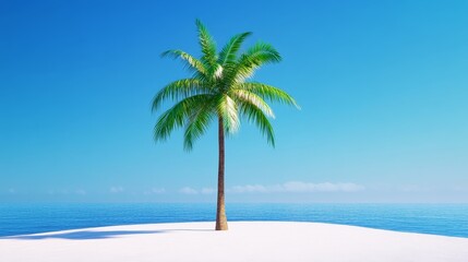 Wall Mural - Tropical Palm Tree on Deserted Island - Serene palm tree on a secluded white sand beach, clear blue ocean, sunny sky. Symbolizing peace, escape, paradise, solitude, and tranquility