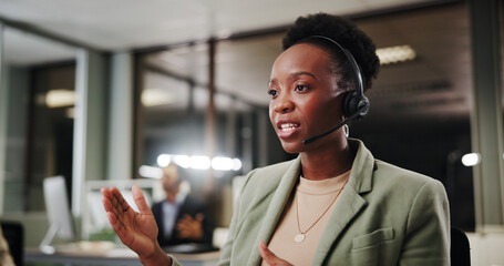 Poster - Woman, callcenter and phone call at night in office for contact us, communication or telecom agency. Coworking, colleague and CRM for help desk, support or advice with late shift agent in workplace