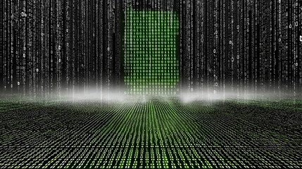 Green digital code gateway, data stream background, futuristic landscape, technology concept