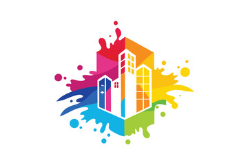 Poster - Vibrant vector illustration of a colorful building with splashes of rainbow colors representing creativity and artistic expression in a modern urban setting