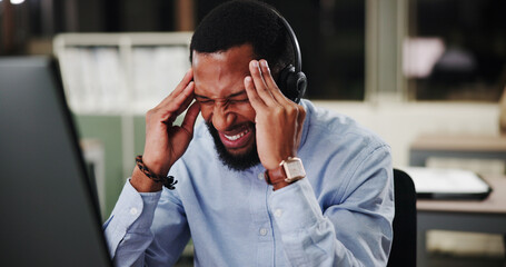 Aufkleber - Black man, call center and computer with stress at night, headache or pain with communication or telecom mistake. Frustrated, upset and male agent with help desk pressure, working late and migraine