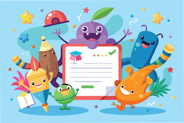 Poster - Cheerful vector illustration of colorful cartoon characters celebrating success with a laptop and fun objects in a vibrant background