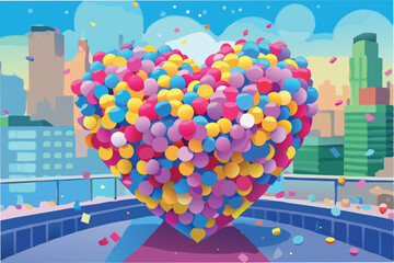 Poster - Colorful heart-shaped balloons fill the skyline with love and joy in a vibrant city scene filled with confetti and cheerful colors