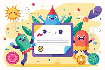 Poster - Cheerful vector illustration of colorful cartoon characters celebrating success with a laptop and fun objects in a vibrant background