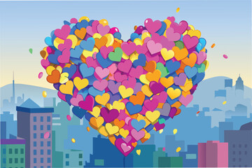 Poster - Colorful heart-shaped balloons fill the skyline with love and joy in a vibrant city scene filled with confetti and cheerful colors