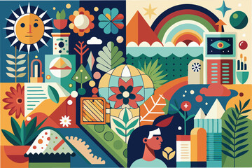 Poster - Vibrant vector illustration showcasing a harmonious blend of nature, architecture, and abstract elements in a lively, colorful composition